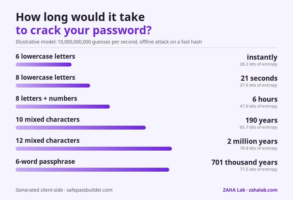 Chart: estimated time to crack passwords by pattern, from instantly for 6 lowercase letters to thousands of years for a 12-character mixed password or a 4-word passphrase