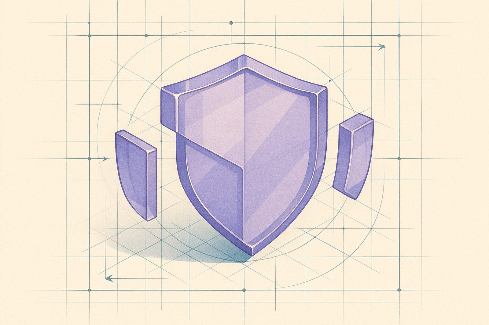 Abstract artwork: violet glass blocks assembling into a shield